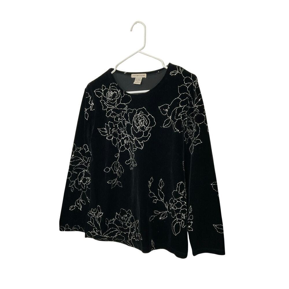 90s Style Black Velvet Floral Silver Top Allover Print Long Sleeve Small Stretch - Picture 3 of 5